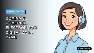 Ilustración vectorial plana de una mujer profesional con blusa azul y corte bob, sonriendo, sobre un fondo degradado azul cielo y blanco. Representa cursos de comercio electrónico para PYMES.