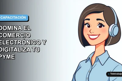 Ilustración vectorial plana de una mujer profesional con blusa azul y corte bob, sonriendo, sobre un fondo degradado azul cielo y blanco. Representa cursos de comercio electrónico para PYMES.