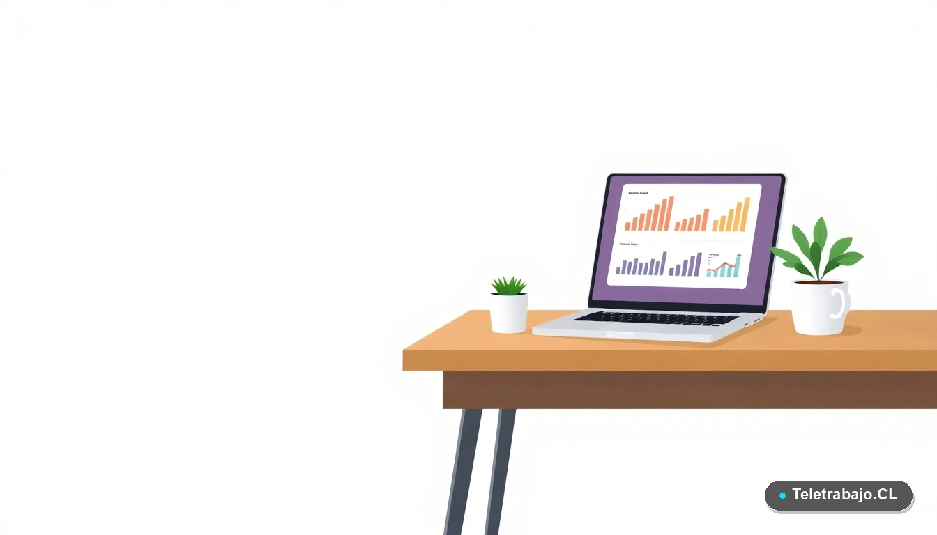 Escritorio moderno minimalista con laptop mostrando gráficos de comercio digital, una planta suculenta y una taza de café, sobre fondo degradado verde menta, representando herramientas de e-learning.