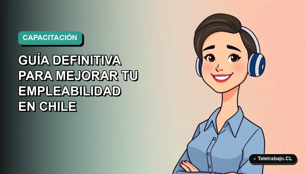 Ilustración vectorial plana de una mujer profesional chilena sonriente, con blusa azul y corte de pelo moderno, sobre fondo degradado verde azulado. Representa capacitación y empleabilidad.