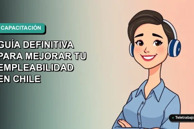 Ilustración vectorial plana de una mujer profesional chilena sonriente, con blusa azul y corte de pelo moderno, sobre fondo degradado verde azulado. Representa capacitación y empleabilidad.