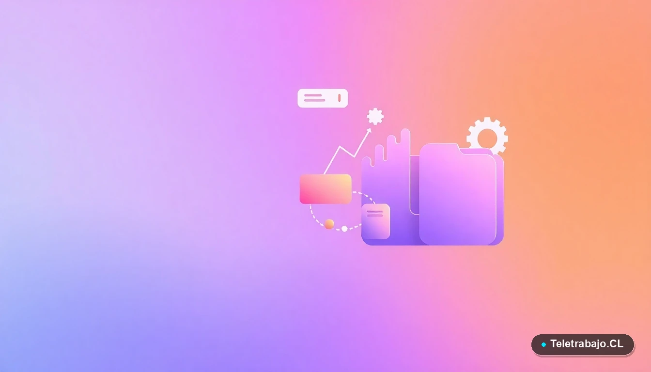 Composición abstracta de interfaz de usuario tecnológica con gráficos, engranajes y carpetas flotantes en colores lavanda y durazno, sobre fondo degradado, representando habilidades digitales y capacitación.