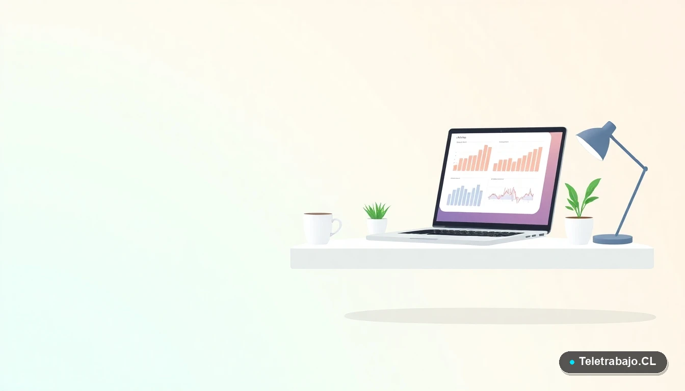 Escritorio moderno minimalista con laptop, taza de café y planta suculenta, sobre fondo degradado color menta. Representa el espacio de trabajo y aprendizaje para profesionales chilenos.