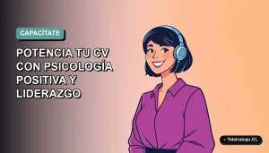 Ilustración plana vectorial de una mujer profesional de teletrabajo sonriente, con fondo degradado suave azul verdoso. Representa cursos SENCE gratuitos de psicología positiva y liderazgo para mejorar el currículum.