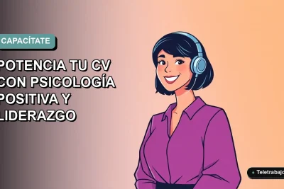 Ilustración plana vectorial de una mujer profesional de teletrabajo sonriente, con fondo degradado suave azul verdoso. Representa cursos SENCE gratuitos de psicología positiva y liderazgo para mejorar el currículum.