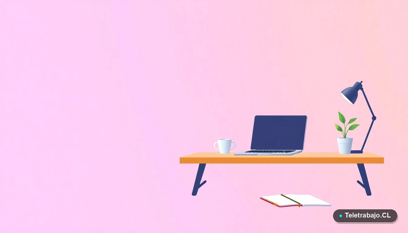 Escritorio moderno minimalista con laptop, café y planta, ilustración plana vectorial sobre fondo degradado lila. Representa el espacio de aprendizaje para cursos de capacitación SENCE.
