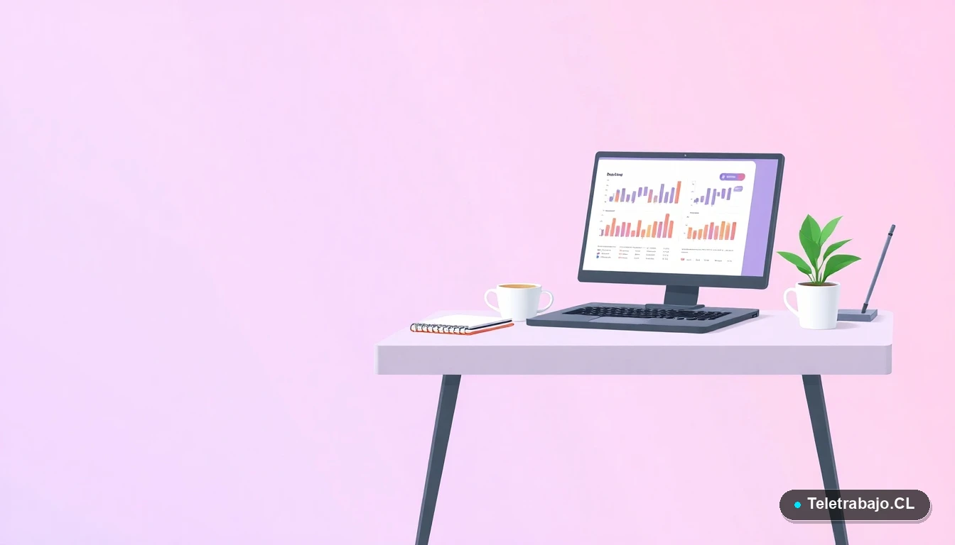 Escritorio moderno minimalista con laptop, taza de café y planta, en estilo de ilustración vectorial plana, sobre fondo degradado lila y durazno. Concepto de espacio de trabajo ordenado.