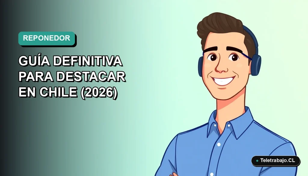 Ilustración plana de un hombre reponedor sonriente con camisa azul, sobre fondo degradado verde azulado, para guía de currículum creativo en Chile.