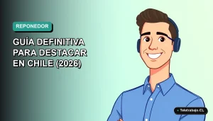 Ilustración plana de un hombre reponedor sonriente con camisa azul, sobre fondo degradado verde azulado, para guía de currículum creativo en Chile.