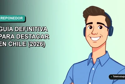 Ilustración plana de un hombre reponedor sonriente con camisa azul, sobre fondo degradado verde azulado, para guía de currículum creativo en Chile.