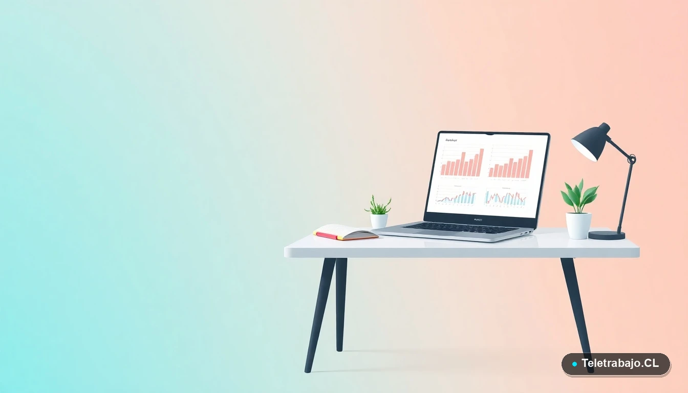 Escritorio moderno minimalista con laptop y planta, sobre fondo degradado frío, concepto de organización y profesionalismo para currículum.