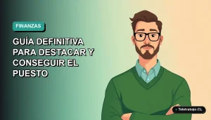 Ilustración vectorial plana de un hombre profesional con suéter verde trabajando en su laptop, fondo degradado azul verdoso, concepto de asesoría financiera en Chile.