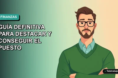 Ilustración vectorial plana de un hombre profesional con suéter verde trabajando en su laptop, fondo degradado azul verdoso, concepto de asesoría financiera en Chile.