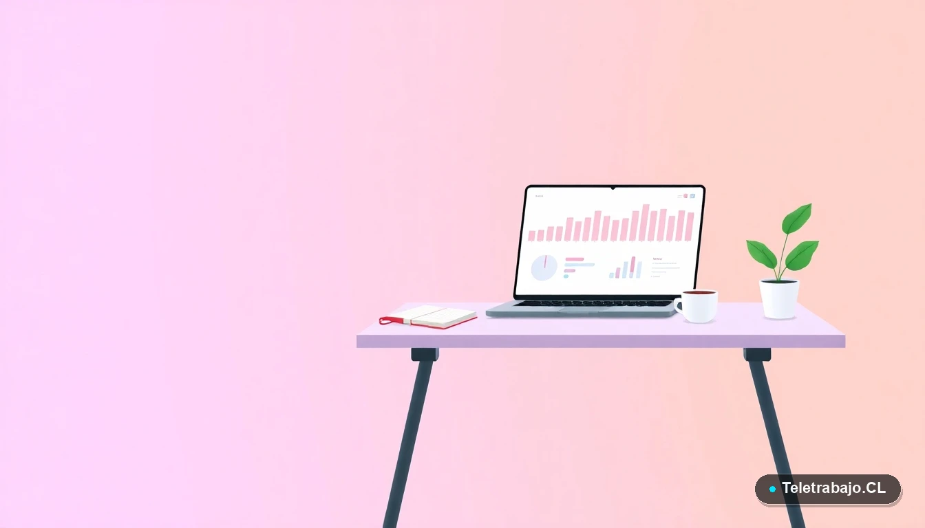 Ilustración vectorial de un escritorio moderno minimalista con laptop, taza de café y planta, sobre fondo degradado lavanda, para artículo sobre currículums.