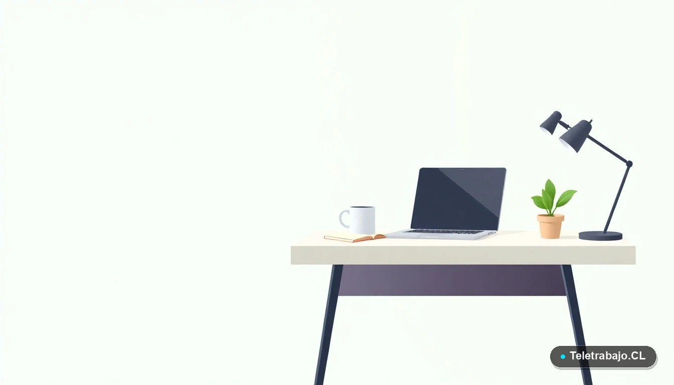 Escritorio moderno minimalista para teletrabajo con laptop, cuaderno, taza de café y una planta suculenta, ilustración plana sobre fondo degradado verde menta.