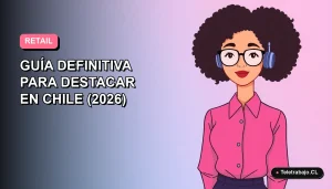 Ilustración vectorial plana de una mujer profesional con blusa rosa, sobre fondo gradiente azul y lila, para guía de currículum de ventas retail en Chile.