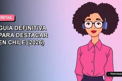 Ilustración vectorial plana de una mujer profesional con blusa rosa, sobre fondo gradiente azul y lila, para guía de currículum de ventas retail en Chile.
