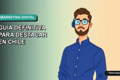 Ilustración vectorial plana de un profesional masculino de marketing digital con camisa azul, sobre un fondo degradado verde azulado, para destacar en Chile 2026.