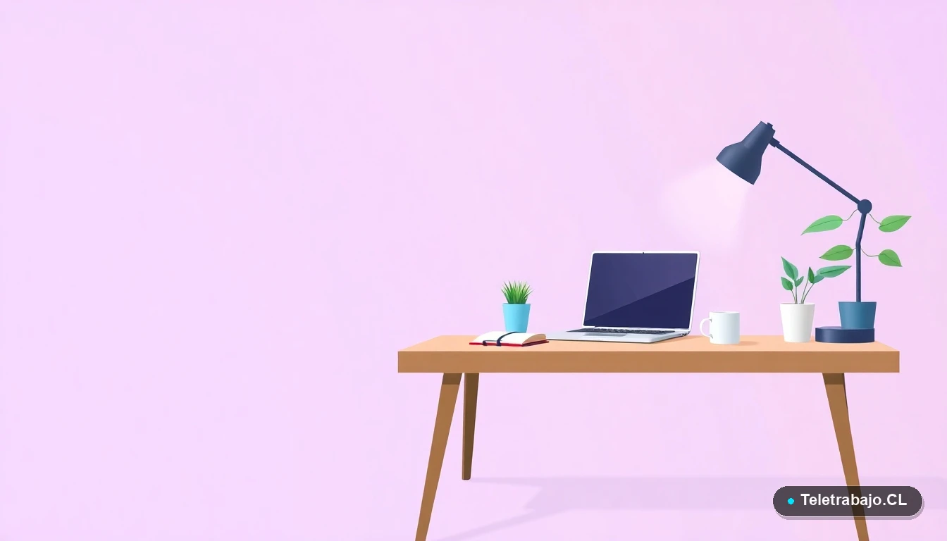 Escritorio moderno minimalista con laptop, café y planta, ilustración vectorial plana sobre fondo degradado lila, concepto de trabajo remoto en marketing digital.