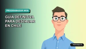 Ilustración vectorial plana de un hombre programador chileno con camisa azul, en un fondo degradado verde azulado, para destacar tu currículum tech.