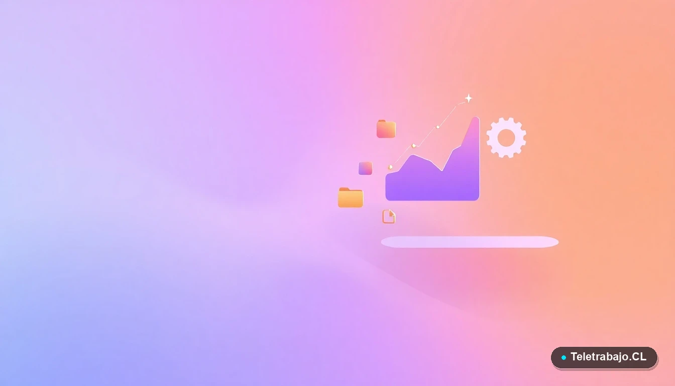 Elementos de interfaz de usuario abstractos y modernos, como gráficos y engranajes, en colores lavanda y durazno, sobre fondo degradado.