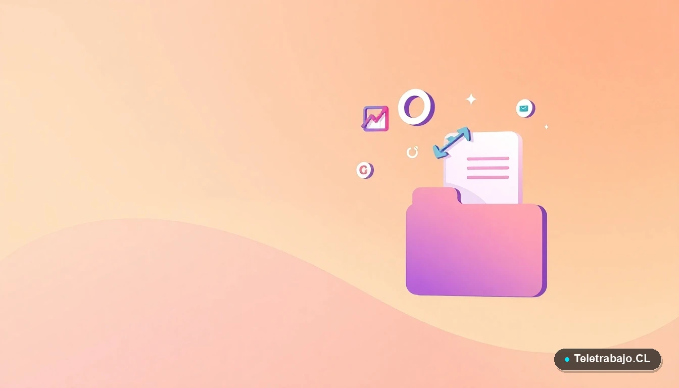 Composición abstracta de iconos digitales flotantes como gráficos y engranajes sobre fondo degradado melocotón, concepto de estrategia y optimización profesional.