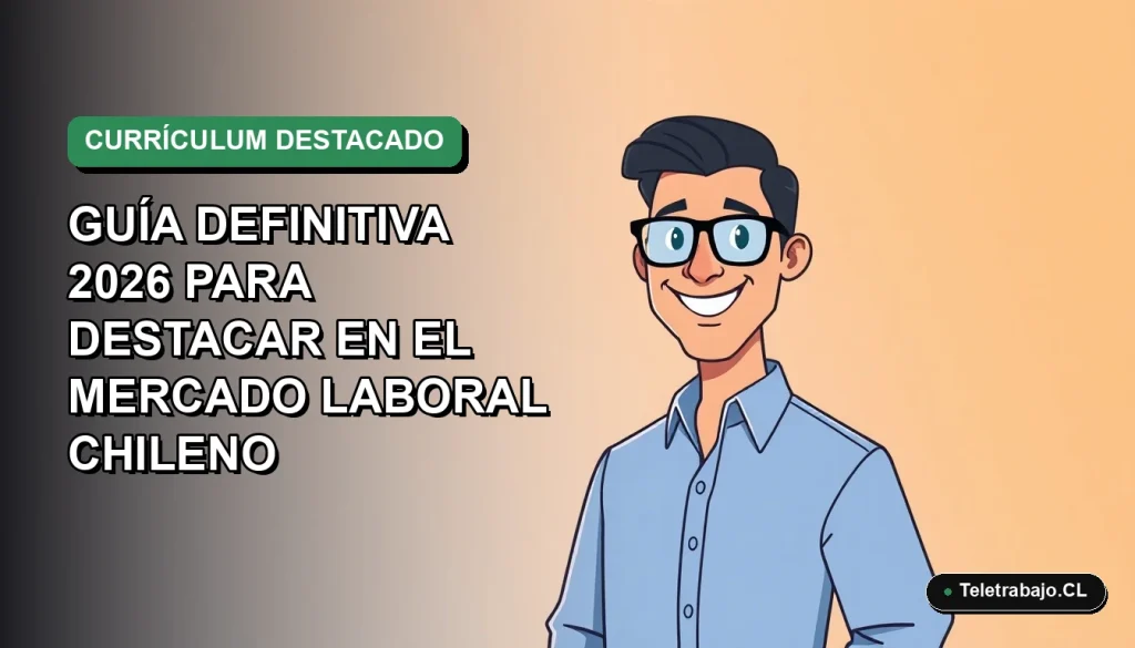 Ilustración plana de un trabajador chileno sonriente con camisa azul, sobre un fondo degradado verde, representando un currículum exitoso.