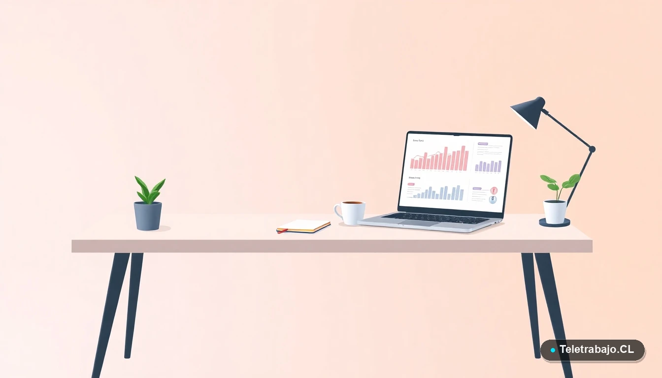 Escritorio moderno minimalista con laptop, taza de café y planta, sobre fondo degradado frío, concepto de espacio de trabajo profesional para currículum.