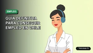 Ilustración plana de mujer profesional con blusa blanca y pelo recogido, sobre fondo verde degradado, para guía de empleo de verano 2026 en Chile.