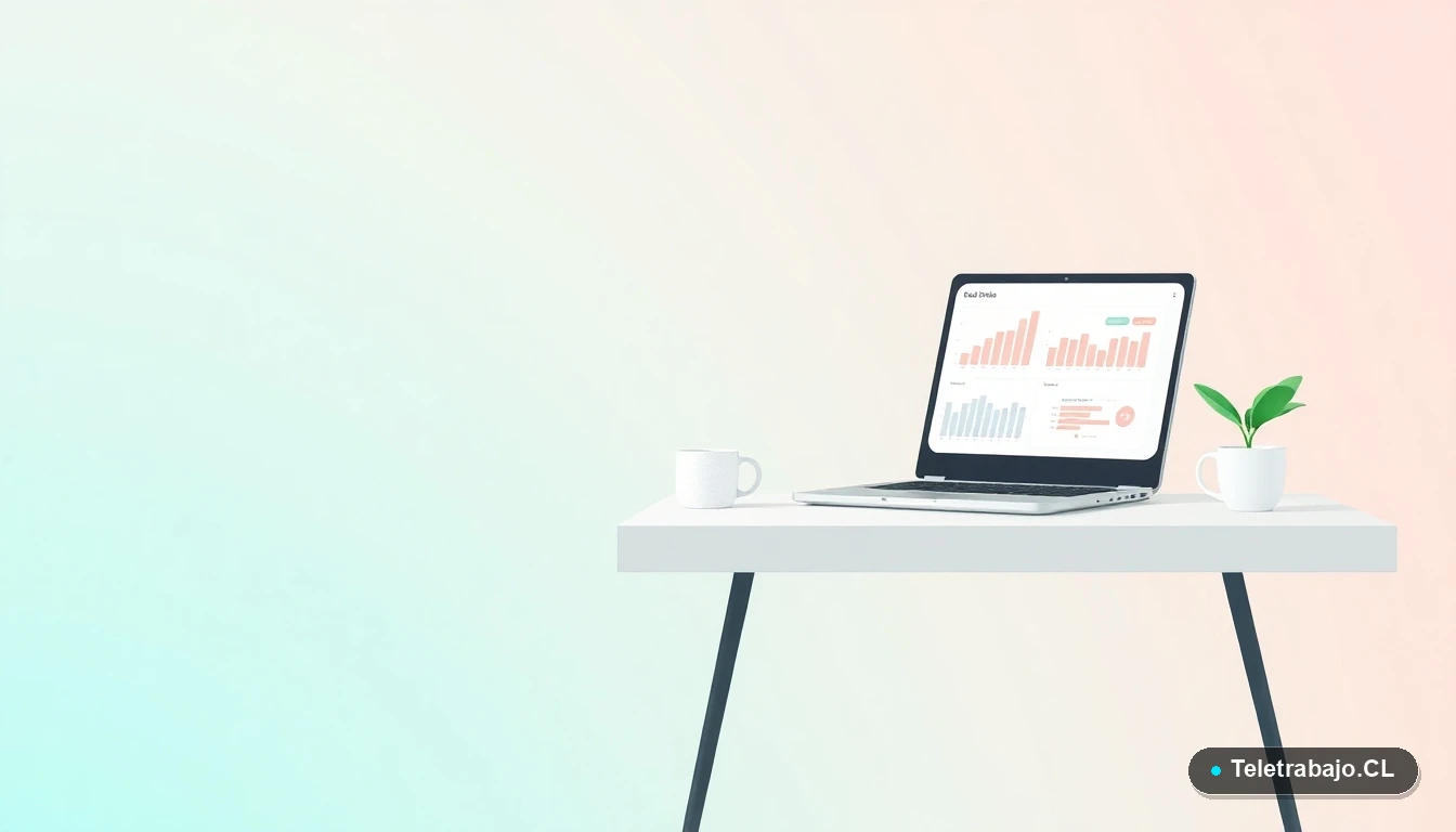 Escritorio moderno minimalista con laptop, taza de café y planta suculenta, ilustración plana sobre fondo frío degradado de menta y verde azulado.