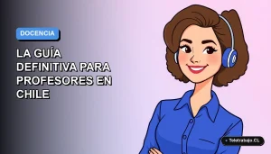 Ilustración plana vectorial de una profesora chilena sonriente con blusa azul, sobre fondo degradado azul y lila. Espacio negativo a la izquierda.
