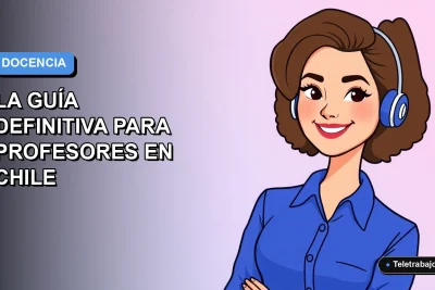 Ilustración plana vectorial de una profesora chilena sonriente con blusa azul, sobre fondo degradado azul y lila. Espacio negativo a la izquierda.