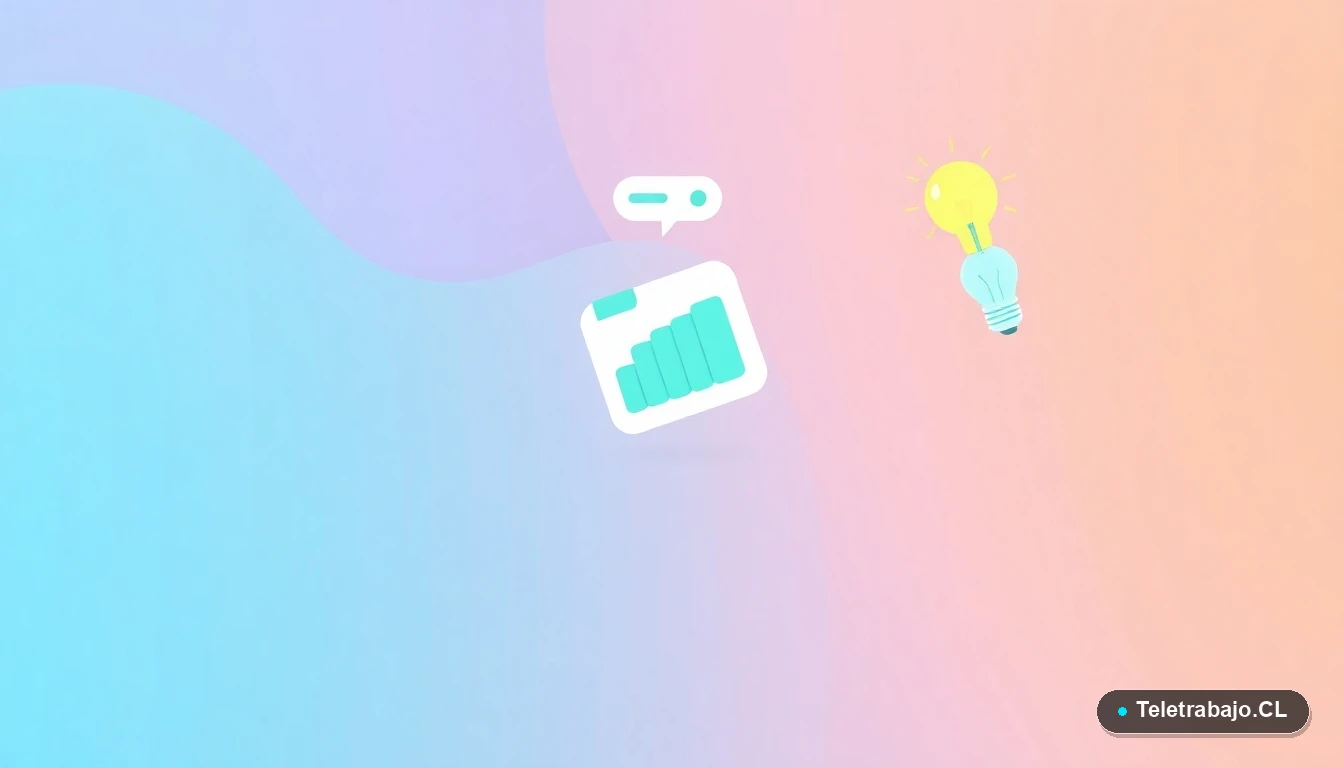 Ilustración abstracta de elementos de oficina moderna: gráficos, carpeta y foco, en estilo vectorial plano sobre fondo degradado verde menta.