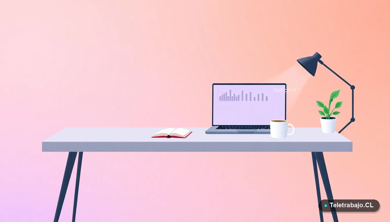 Escritorio moderno minimalista para teletrabajo con laptop, taza de café y planta, sobre fondo degradado lavanda y durazno, concepto de productividad y organización profesional.