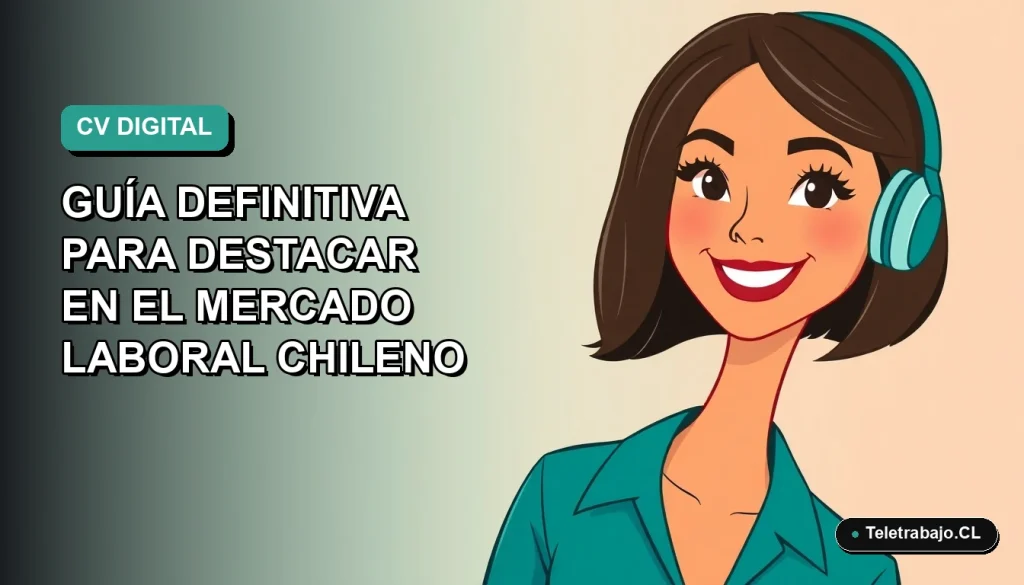 Ilustración plana vectorial de una mujer profesional chilena sonriendo, con fondo degradado azul verdoso. Representa la creación de un CV optimizado para redes sociales.