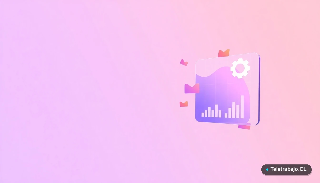 Ilustración abstracta de interfaz tecnológica con gráficos y iconos flotantes, sobre fondo degradado lila. Concepto de datos y optimización profesional para redes sociales.
