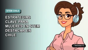 Ilustración plana vectorial de una mujer profesional chilena en tecnología, con peinado moderno y blusa, sobre fondo degradado azul verdoso.