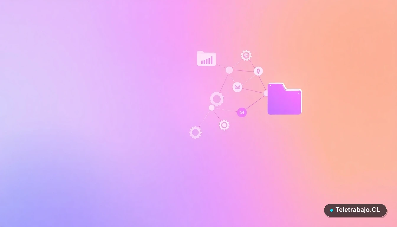 Elementos de interfaz de usuario abstractos y modernos, como gráficos y engranajes flotantes, sobre fondo degradado lila, representando conceptos tecnológicos.