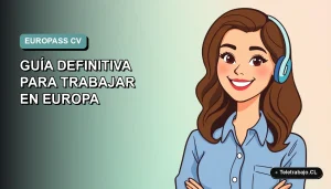 Ilustración plana vectorial de una mujer profesional con blusa azul y cabello castaño, sobre un fondo degradado suave azul verdoso, representando el uso del CV Europass para trabajar en Europa.