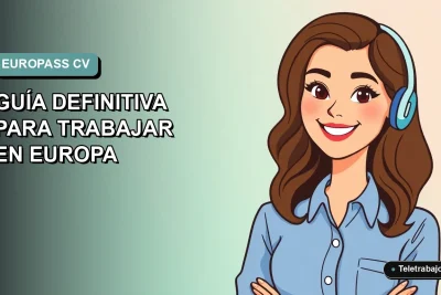 Ilustración plana vectorial de una mujer profesional con blusa azul y cabello castaño, sobre un fondo degradado suave azul verdoso, representando el uso del CV Europass para trabajar en Europa.