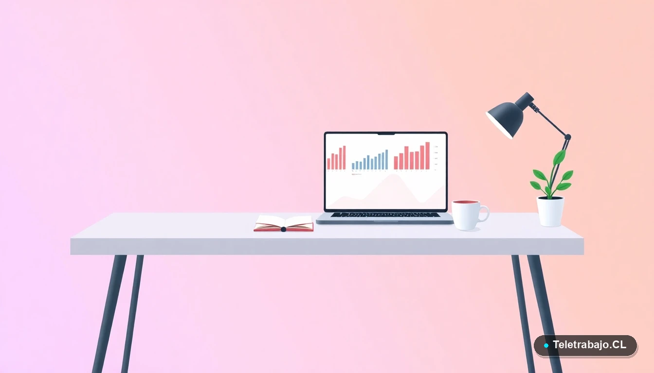 Escritorio moderno minimalista con laptop, taza de café y planta, sobre fondo degradado lila y durazno, concepto de espacio de trabajo profesional para la redacción del CV.