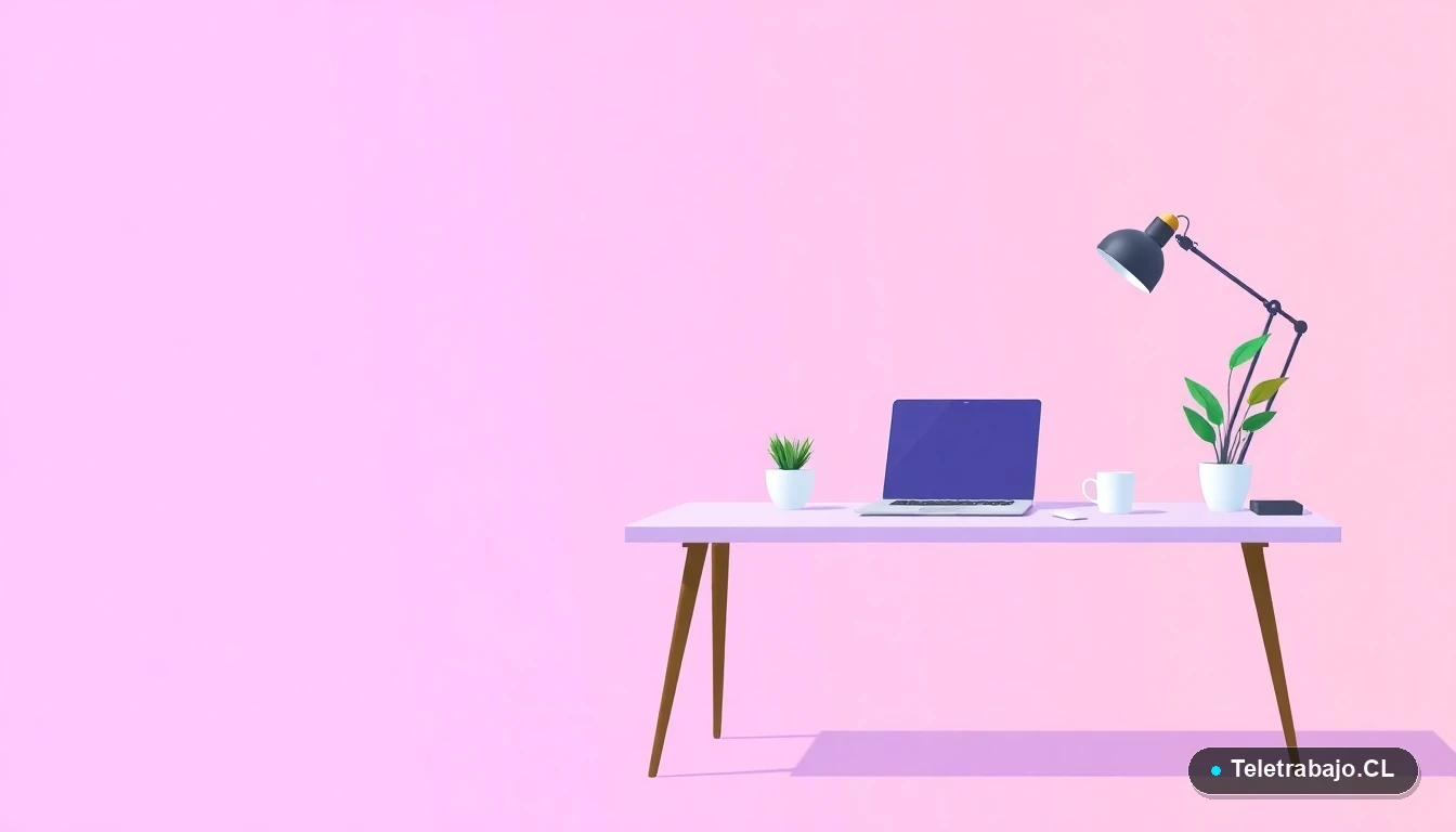 Escritorio moderno minimalista para freelance con laptop, taza de café y planta, fondo degradado lila.