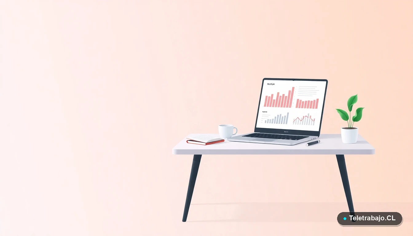 Escritorio moderno minimalista para autónomos con laptop, cuaderno, taza de café y planta, sobre fondo degradado verde menta.