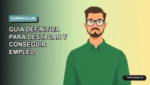 Ilustración vectorial plana de un trabajador remoto masculino con suéter verde, sobre un fondo degradado azul y verde, para guía de CV en ecommerce Chile 2026.