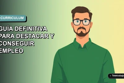Ilustración vectorial plana de un trabajador remoto masculino con suéter verde, sobre un fondo degradado azul y verde, para guía de CV en ecommerce Chile 2026.