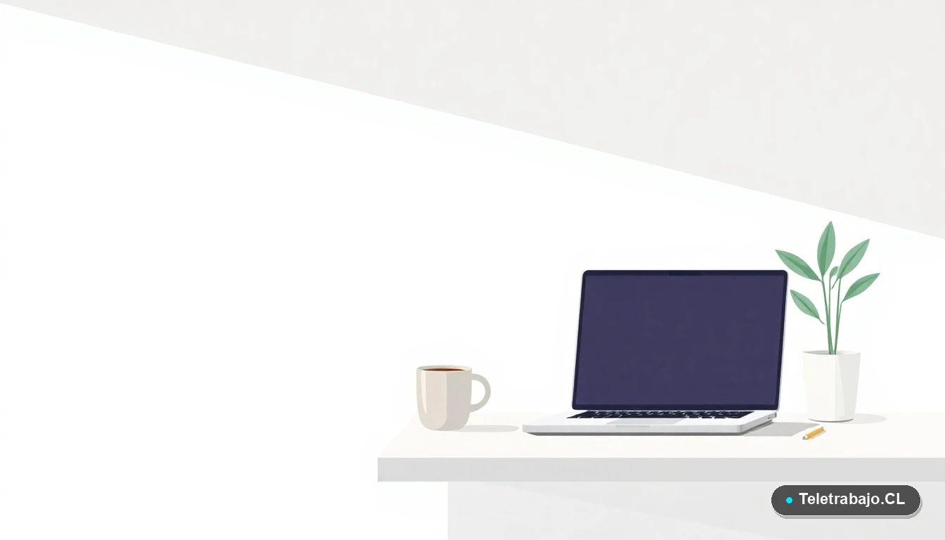 Ilustración vectorial de una estación de trabajo remota minimalista con laptop, planta y taza de café, sobre fondo degradado frío. Concepto de home office.