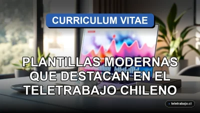 Plantilla de CV moderna sobre escritorio de home office en Chile, con laptop y gráficos abstractos en pantalla.