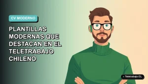 Ilustración vectorial plana de un hombre profesional de teletrabajo en Chile, con suéter verde, sobre fondo degradado azul y verde.