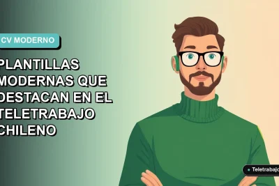 Ilustración vectorial plana de un hombre profesional de teletrabajo en Chile, con suéter verde, sobre fondo degradado azul y verde.