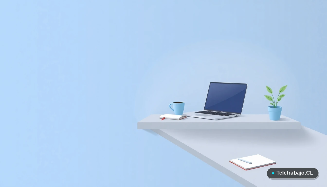 Escritorio moderno y minimalista para teletrabajo, con laptop, cuaderno, café y planta, en estilo de ilustración vectorial plana sobre fondo degradado.